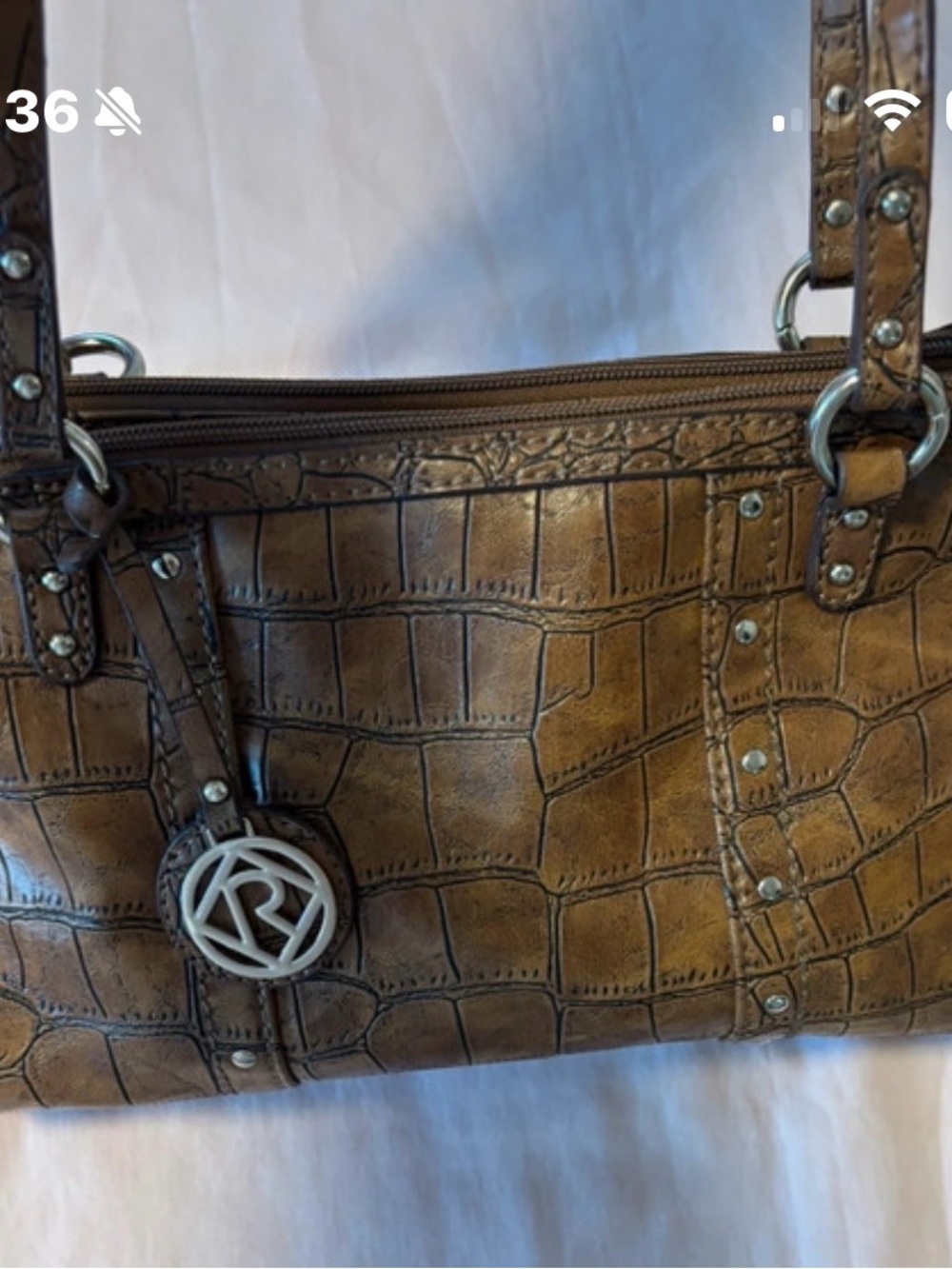 Relic Cognac Croc-Embossed Shoulder Bag with Silver Logo Charm
